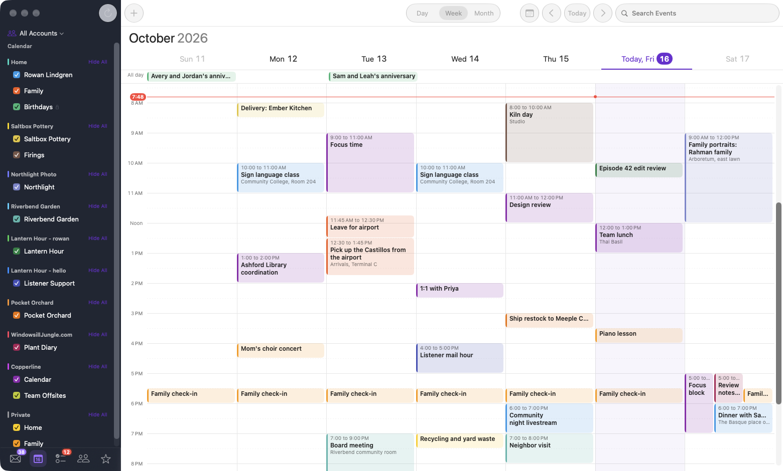 MooseMail weekly calendar with events from multiple accounts
