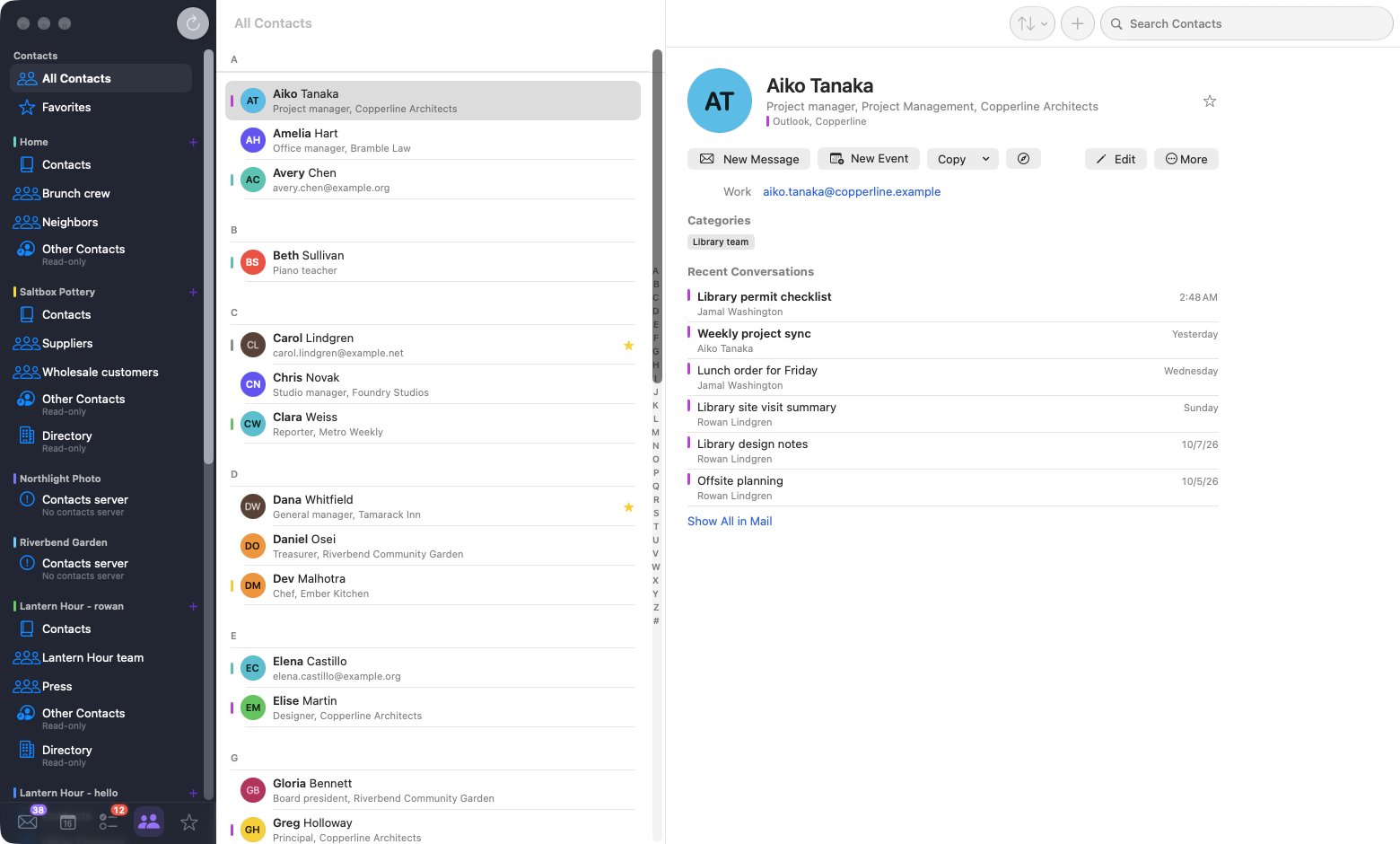 MooseMail contacts list and a contact card