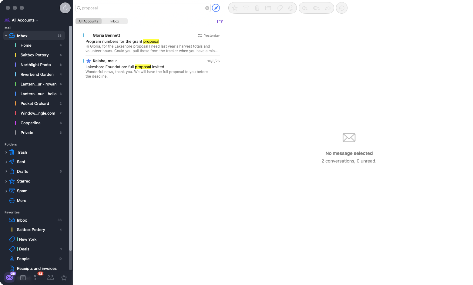 Search results in MooseMail for a message subject across accounts