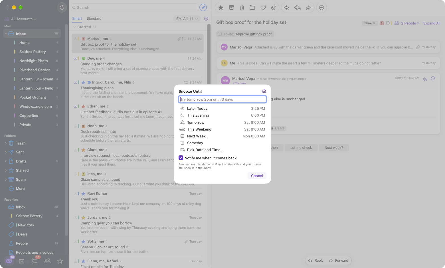 MooseMail on Mac with the Snooze Until picker open