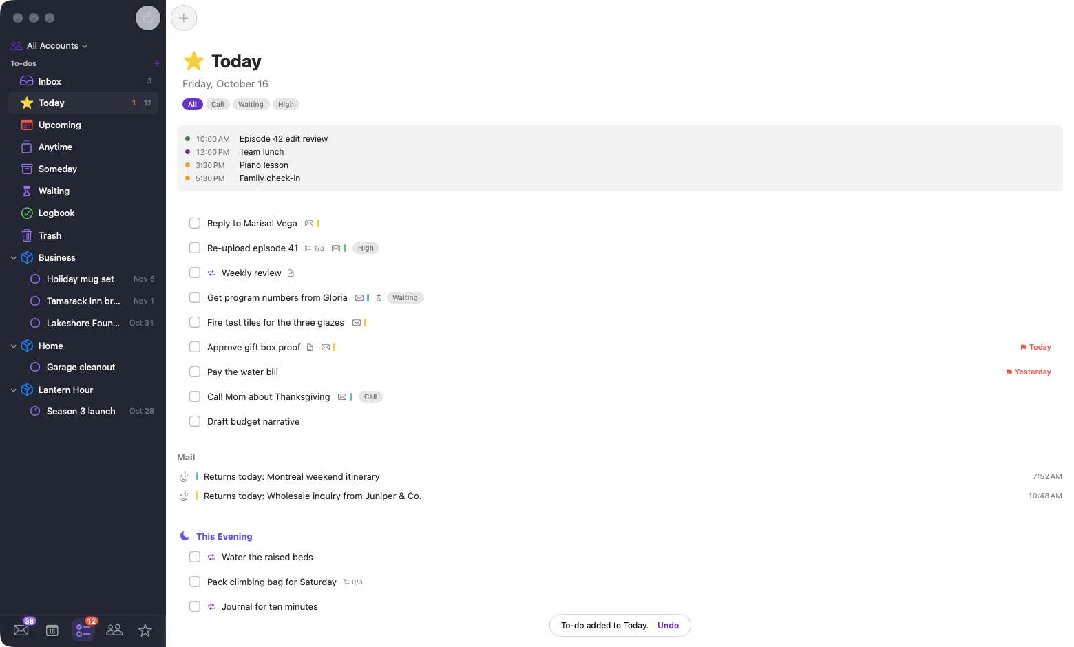 MooseMail Today list with projects, due dates, and email-linked to-dos
