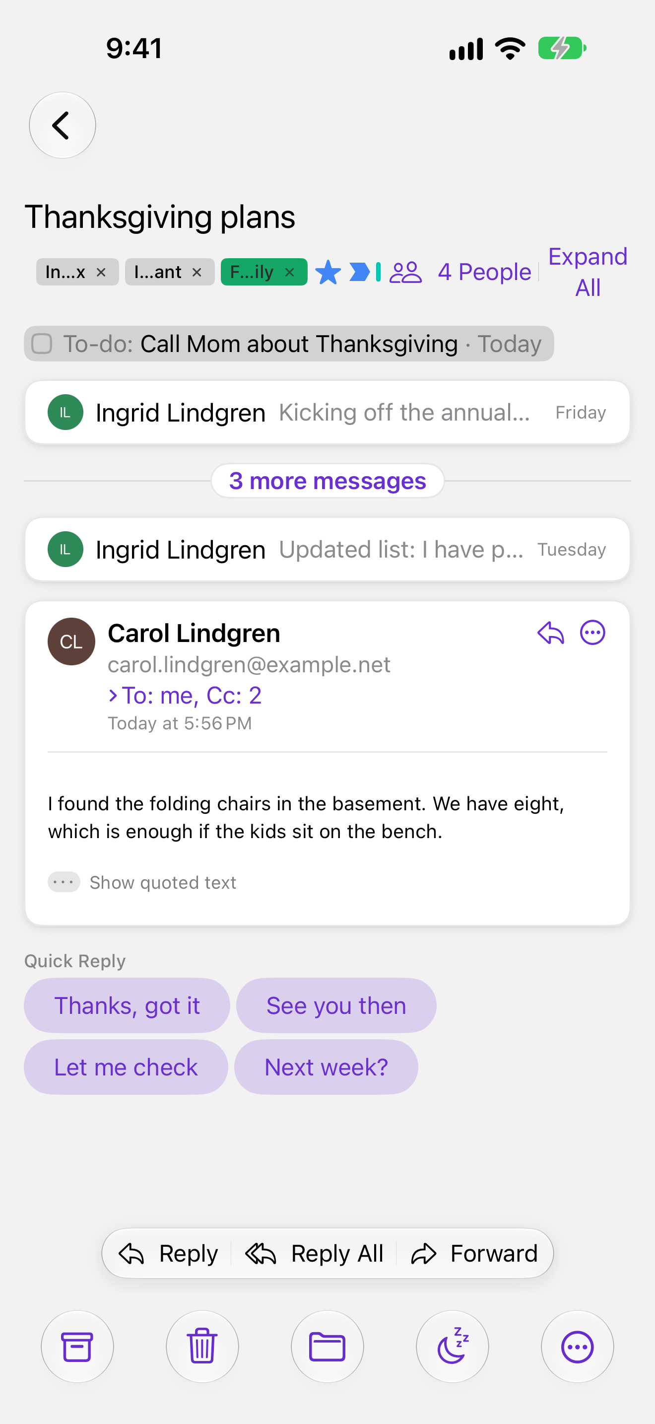 The Thanksgiving plans conversation in MooseMail on iPhone